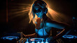 © Syntetic Dreams - Dj girl in action, Sexy Young Blonde Woman Disc Jockey night club, neon lights. in bra and sunglasses playing music. Headphones and dj mixer on table. Colorful dance party nightlife background.