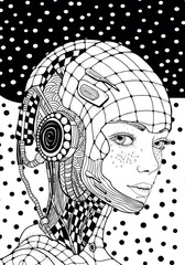 Wall Mural - Cute robot girl. Zentangle background. Black and white doodle coloring book page for adult and children.