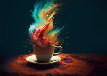 Colored explosion in cup of coffee - Liquid Color design background fly out of the cup of coffee. Idea colorful brain splash. Generative AI.