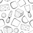 Cheese seamless pattern. Hand drawn vector illustration. Vintage food background. Engraved style. Different cheese kinds background.