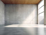 Fototapeta Przestrzenne - Empty room interior with concrete walls, grey floor with light and soft skylight from window. Background with copy-space. Ai Generative illustration