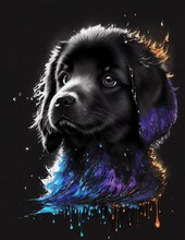 (Ai Generated) Distracted Black Puppy Covered In A Splash Of Paint
