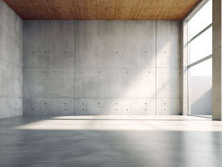empty room interior with concrete walls, grey floor with light and soft skylight from window. backgr