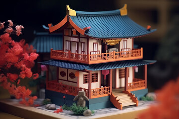 Poster - Paper sculpture - house in Japanese style and trees. Origami, paper art style. Generative AI