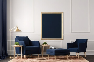 Wall Mural - interior with blue armchairs and table. 3d render illustration, Mockup poster frame in a modern living room wall, AI Generated