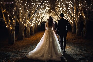 Poster - Beautiful wedding couple, bride and groom, walking in the park at night, New bride and groom full rear view standing and holding hand, AI Generated