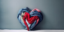 Big Pile Of Old, Used Clothes Folded To Form A Heart. Concept With Free Space. Conceptualization Of Recycling Textiles.