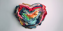 Big Pile Of Old, Used Colorful Clothes Folded To Form A Heart, Concept With Free Space. Generative AI.