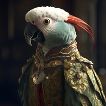 Realistic Lifelike Parrot Bird In Renaissance Regal Medieval Noble Royal Outfits, Commercial, Editorial Advertisement, Surreal Surrealism. 18th-century Historical. 