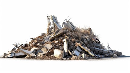 wrecked building panorama with concrete debris and huge beam on isolated white background - symbol o