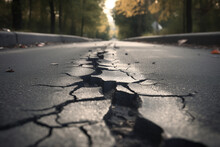 Asphalt Road With Long Crack, Earthquake Effect Causes Ground To Damaged, Broken Road By Nature, Asphalt Road Collapsed And Fallen, Created With Generative AI