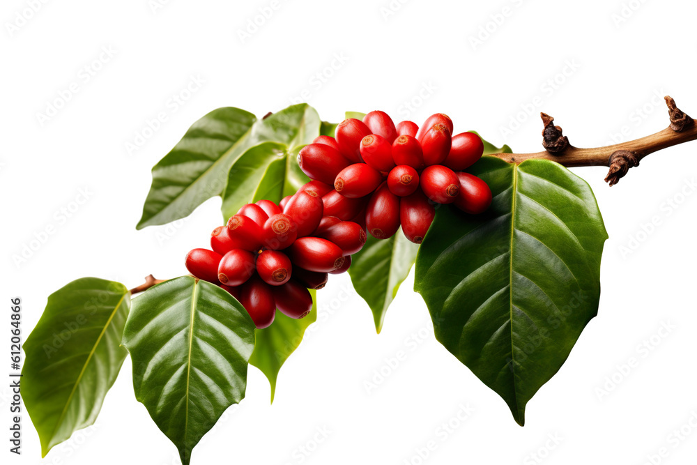 Coffee beans on a tree branch with leaves isolated on white background ...