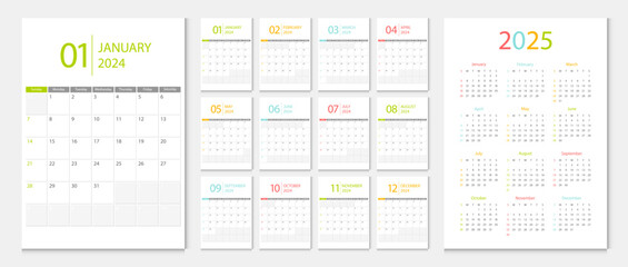 Calendar 2024, calendar 2025 week start Sunday corporate design template vector. Desk calendar 2024.