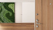Wooden entrance door opening on empty room with door and vertical garden in minimal style. Interior design concept idea