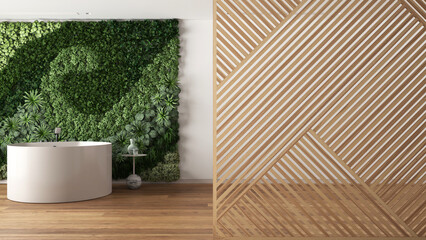 Wall Mural - Wooden panel close-up, white minimal bathroom with bathtub and vertical garden. Zen interior design concept idea, contemporary architecture template