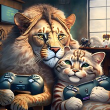 Lion And Cat Playing Video Games Together With Generative AI Technology Created And Edited