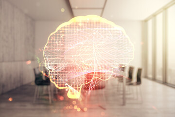 Wall Mural - double exposure of creative human brain microcircuit hologram on a modern boardroom background. futu
