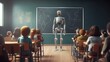AI replacing teachers. Futuristic robot working in school classroom, standing near chalkboard as a substitute teacher. Generative AI