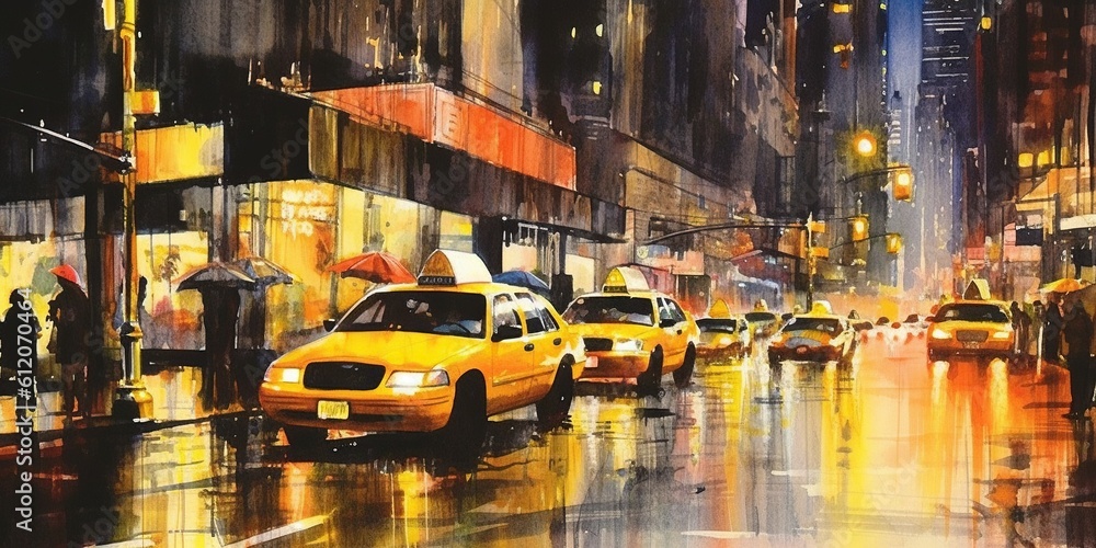 New York City at night, street art with taxi, a watercolor painting ...