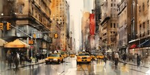 New York City Street With Taxi: Watercolor Art Painting Capturing Urban Landscape, Architecture And The Vibrant City Life. Generative AI