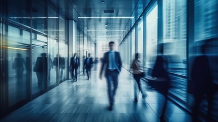 Wall Mural - Long exposure shot of modern office lobby with business people. Generative AI