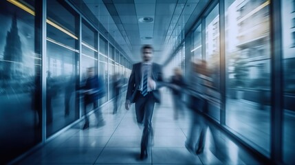 Wall Mural - Long exposure shot of modern office lobby with business people. Generative AI