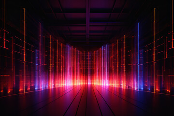 A futuristic backdrop of a dark room illuminated by blue glowing patterns, surrounded by digital technology for analyzing and visualizing big data. Ai generative.