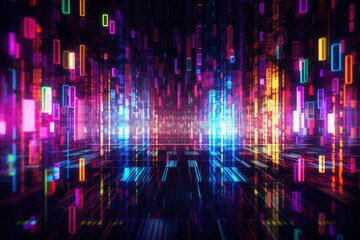 A futuristic abstract technology background illustrating data flow, business analytics, and ai in a modern and digitally generated design neon blocks. Ai generative.