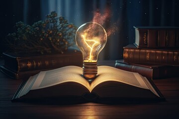 Canvas Print - Learning and knowledge illumination. Education concept. Lightbulb and open book on vintage background