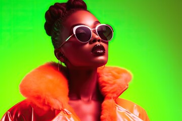 Wall Mural - High fashion studio portrait of young african american woman with sunglasses, beautiful makeup, bright neon colors. Generative AI