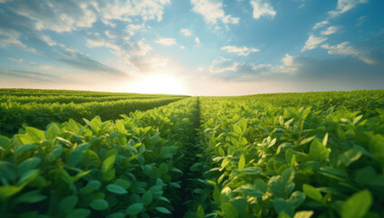 Sunlit soybean fields ripening in spring. Embrace the harvest of freshness and health with green farming, cultivated by skilled farmers. Ai generative.