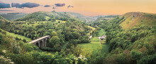 Panoramic Landscape From Monsal Head Looking Down To The Monsal Trail Viaduct In Derbyshire Peak District. 