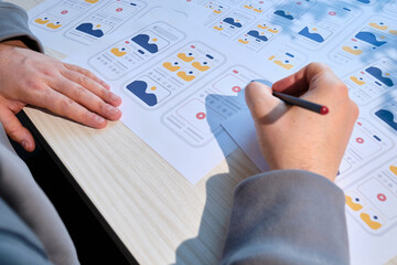 UX mobile application wireframe. Sketch, prototype, framework, layout future app design project. UI/UX - user interface and user experience designer. Creative concept for smartphone. App development