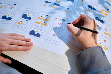 UX mobile application wireframe. Sketch, prototype, framework, layout future app design project. UI/UX - user interface and user experience designer. Creative concept for smartphone. App development 