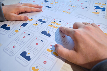 UX mobile application wireframe. Sketch, prototype, framework, layout future app design project. UI/UX - user interface and user experience designer. Creative concept for smartphone. App development 