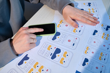 UX mobile application wireframe. Sketch, prototype, framework, layout future app design project. UI/UX - user interface and user experience designer. Creative concept for smartphone. App development 