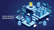 Digital Isometric Server Security and data sever on blue background.