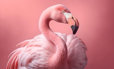 Wall Mural - Pink flamingo against pink background. Generative AI.