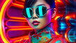 Beautiful Asian model with sunglasses in magenta background, futuristic style, neon, for posters banners