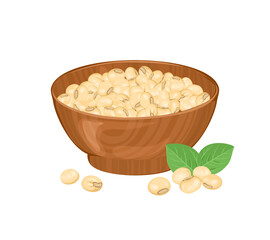 Wall Mural - Soybeans in wooden bowl isolated on white background. Vector cartoon illustration