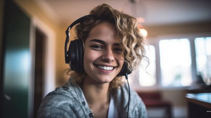 young adult caucasian woman with headset, work and job or leisure time at home