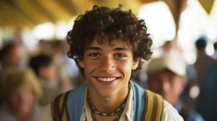 young adult man wears a traditional costume, happy and content, having fun at a city festival or oktoberfest, many people in the background, crowd, festivities