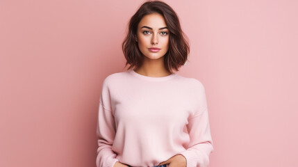 young adult beautiful brunette woman wears a pink pastel style sweater, beauty pretty and comfortabl