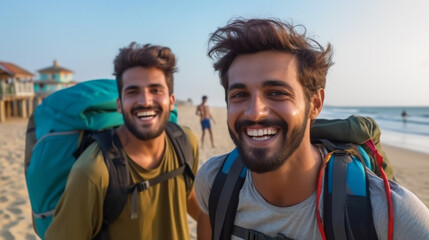 two young joyful men on the beach, touristic, tourists having fun, fictional place