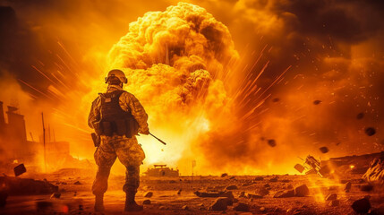 a soldier in the middle of a war zone, war with fire and flames and explosions, soldier in uniform with helmet, ruins and destruction