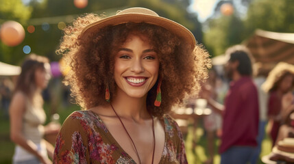 Wall Mural - young adult woman in the garden or city park, with friends, weekend or vacation in the summer in summery weather, fictional place