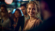 © wetzkaz - young adult woman, party or meeting with friends or tourists, vacation day or nightlife in an old town, tourist side treat or party street with bars and clubs, fictional place