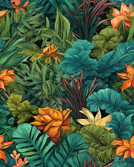  Wallpaper tileable pattern of tropical plants created with Generative AI technology	
