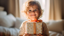 Young Child Kid, At Home With A Christmas Present, Christmas Eve, Anticipation And Christmas Mood