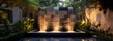 Outdoor Home Modern Water Feature Fountain Waterfall As Wide Banner With Copy Space Area For Garden Landscape Design Concepts - Generative AI